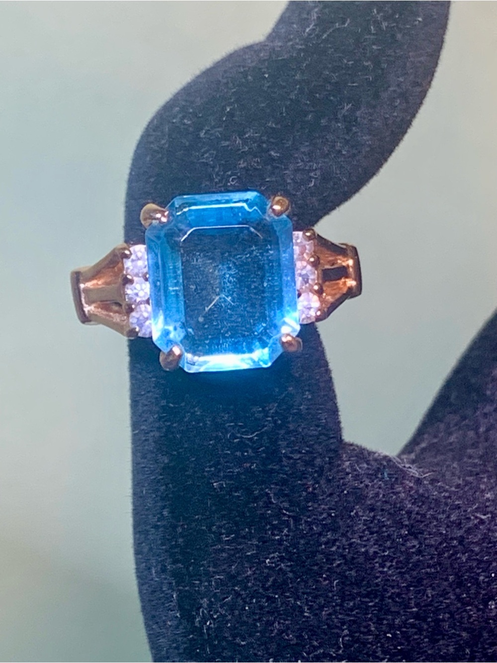 Blue Emerald-Cut Crystal Ring with Accented Stones